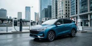 Hero illustration for the article “Kia Unveils New Line of Electric Vehicles with Extended Range”